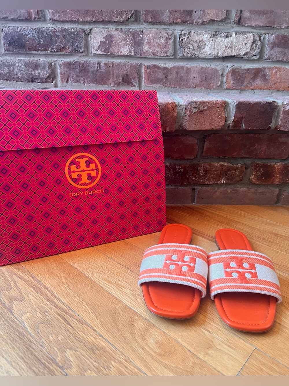 Tory Burch Orange & Cream Double T Jacquard Striped Logo Slide Sandals